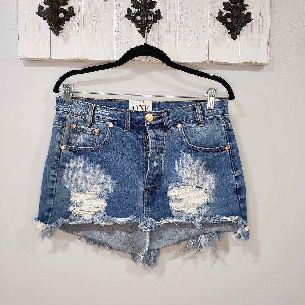 One Teaspoon Denim Mini Skirt Womens 28 Blue Distressed Raw Hem Destroyed Y2K